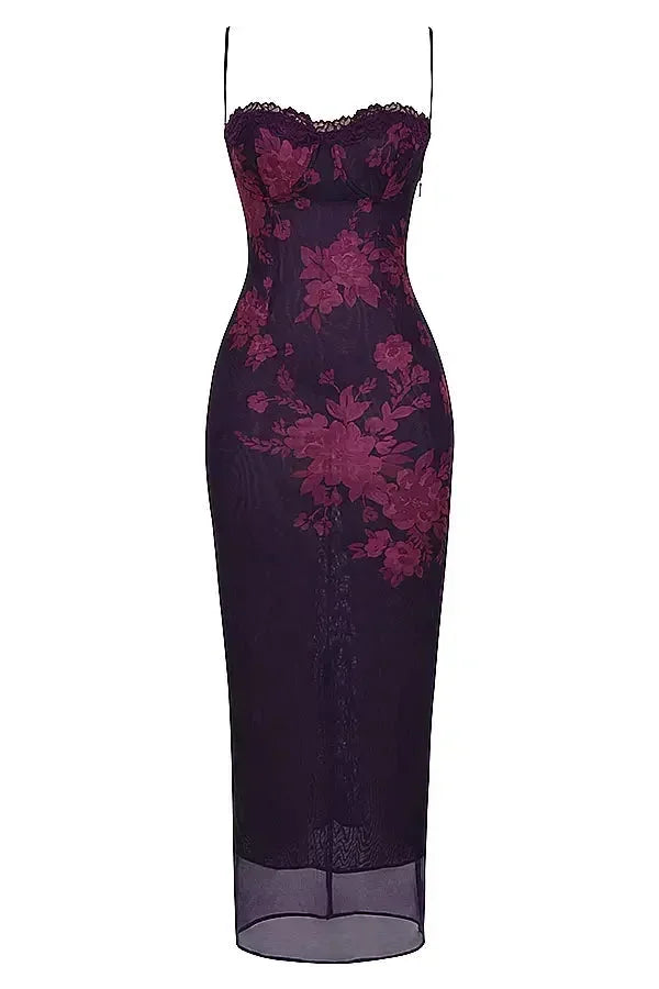 Vestito lungo donna con bretelle regolabili e motivi floreali