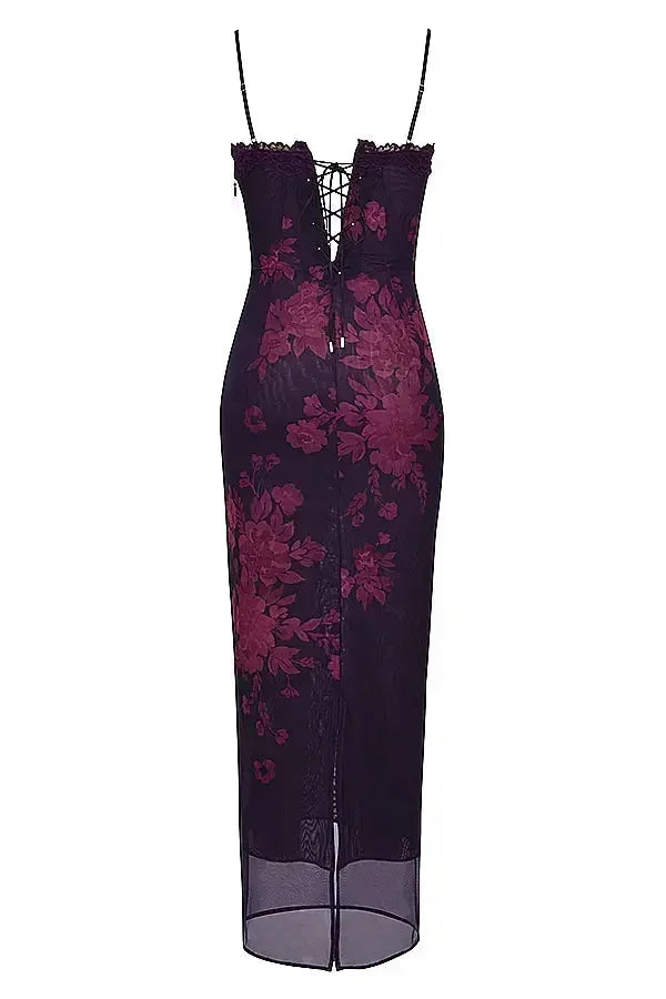 Vestito lungo donna con bretelle regolabili e motivi floreali