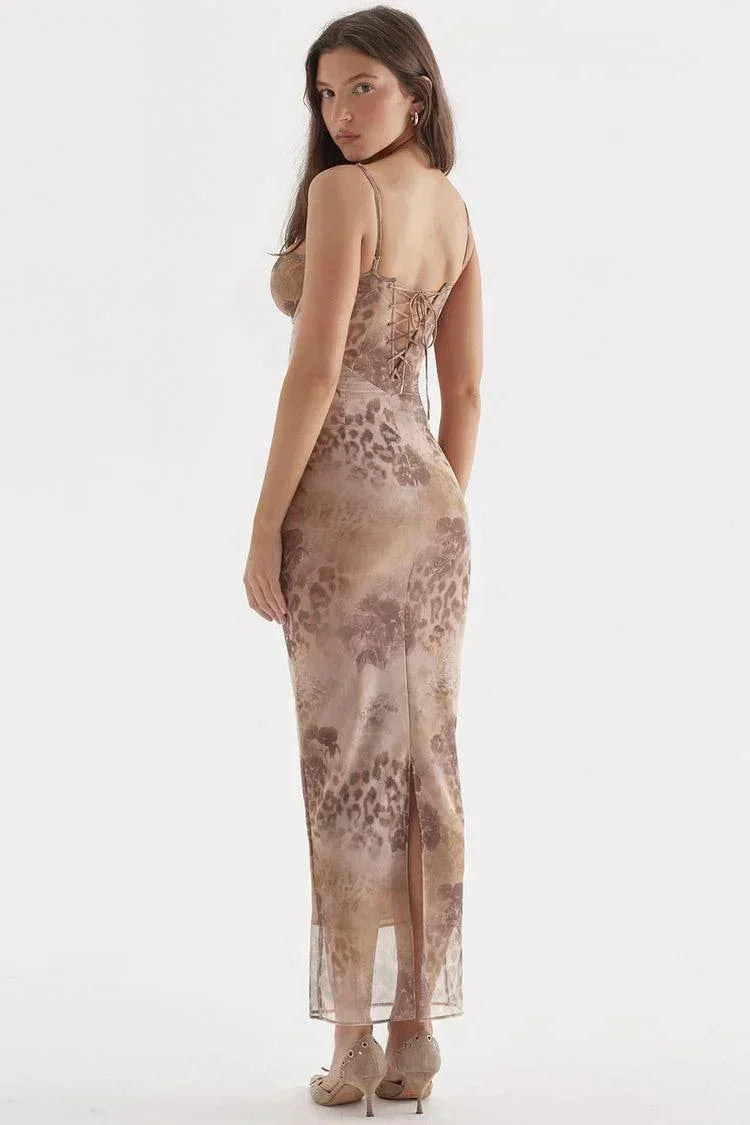 Vestito lungo donna con bretelle regolabili e motivi floreali