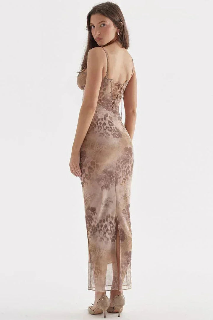 Vestito lungo donna con bretelle regolabili e motivi floreali