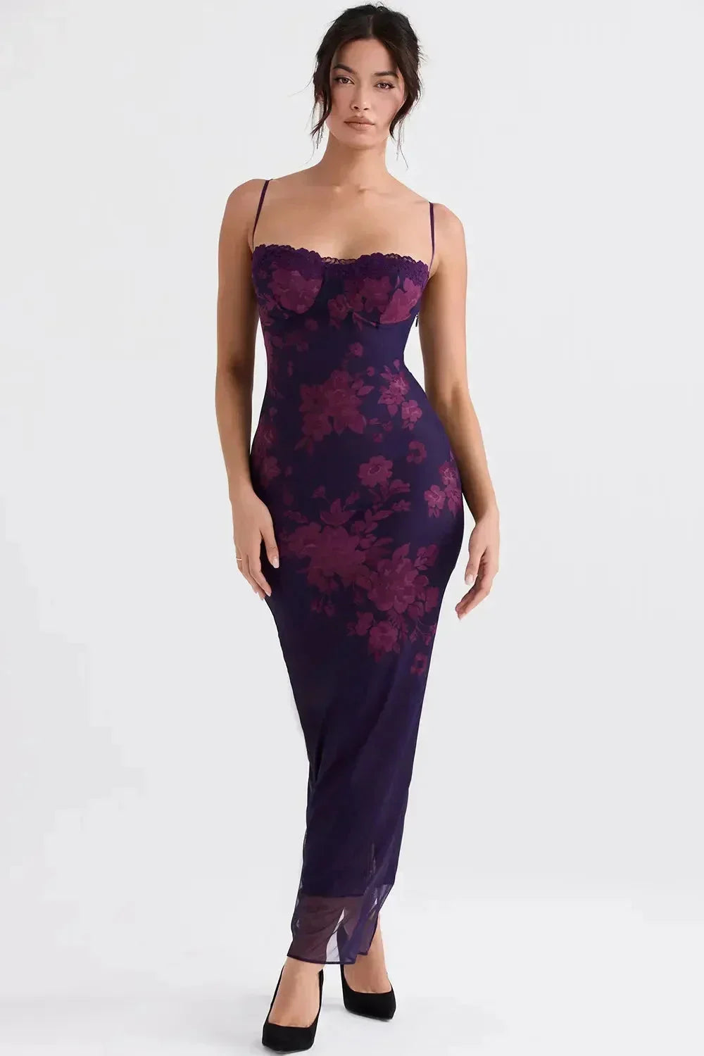 Vestito lungo donna con bretelle regolabili e motivi floreali