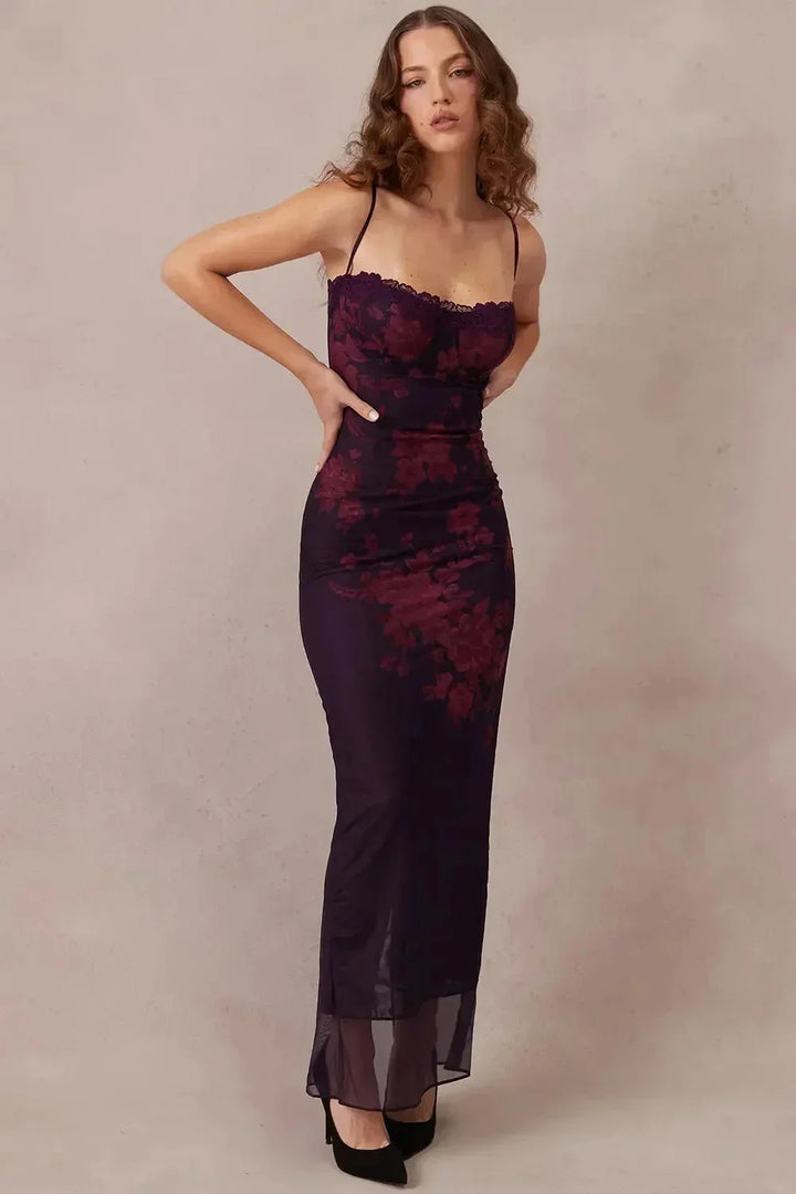 Vestito lungo donna con bretelle regolabili e motivi floreali