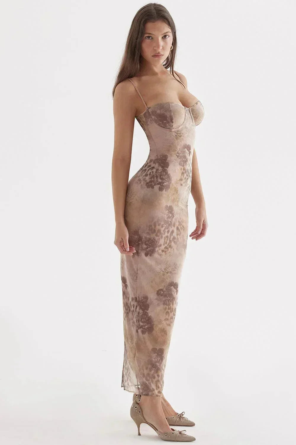 Vestito lungo donna con bretelle regolabili e motivi floreali