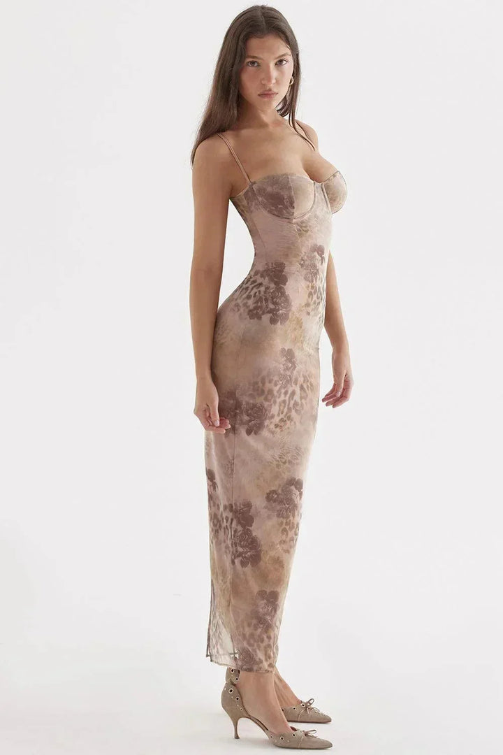 Vestito lungo donna con bretelle regolabili e motivi floreali