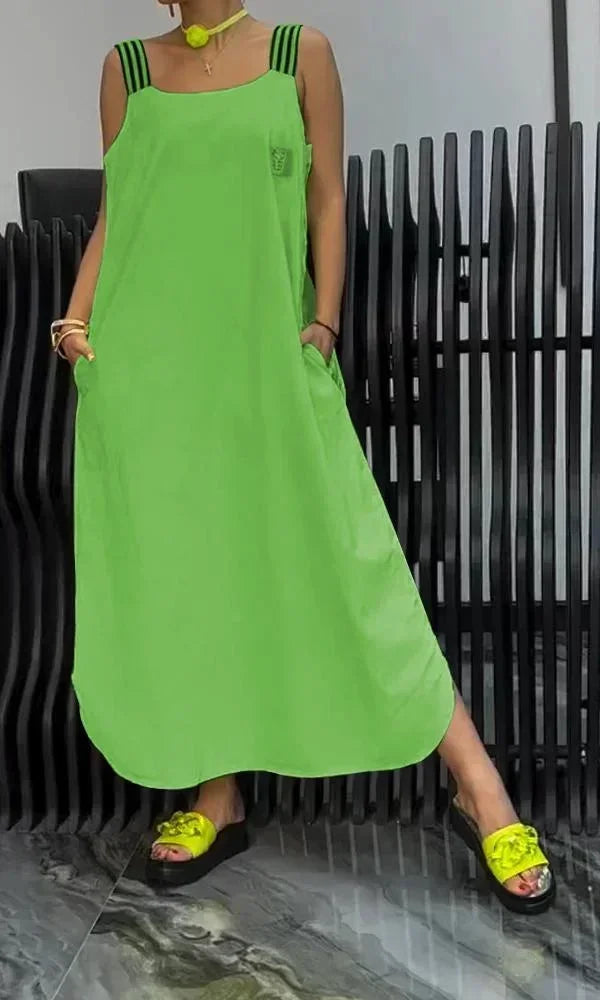 Vestito lungo donna con bretelle larghe e tasche