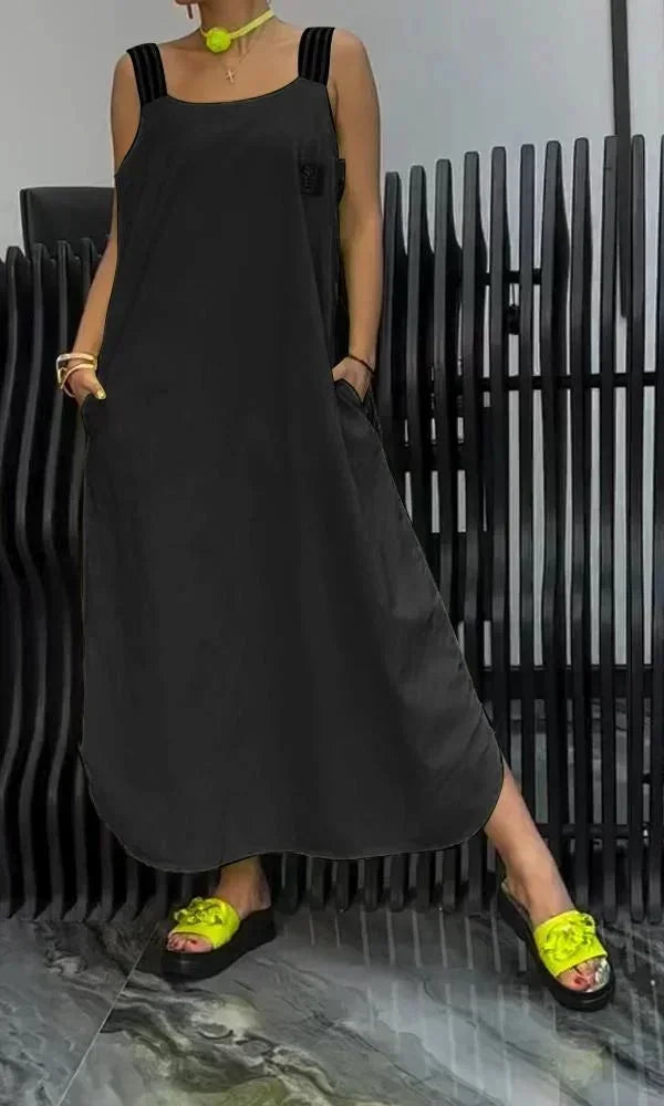 Vestito lungo donna con bretelle larghe e tasche