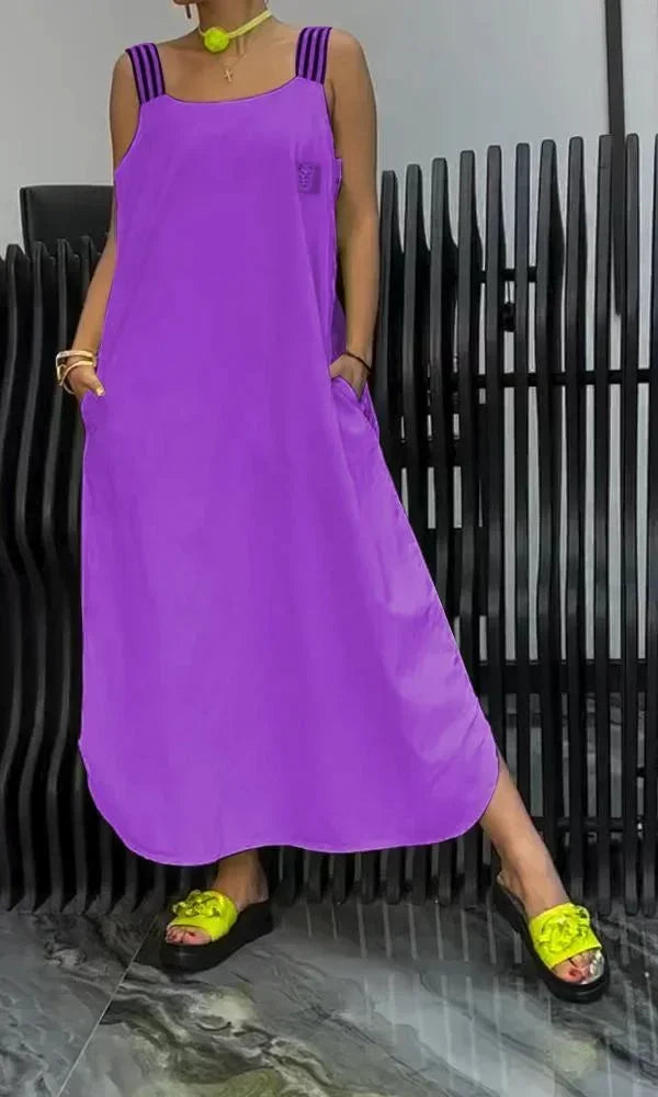 Vestito lungo donna con bretelle larghe e tasche