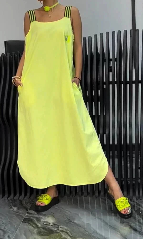 Vestito lungo donna con bretelle larghe e tasche