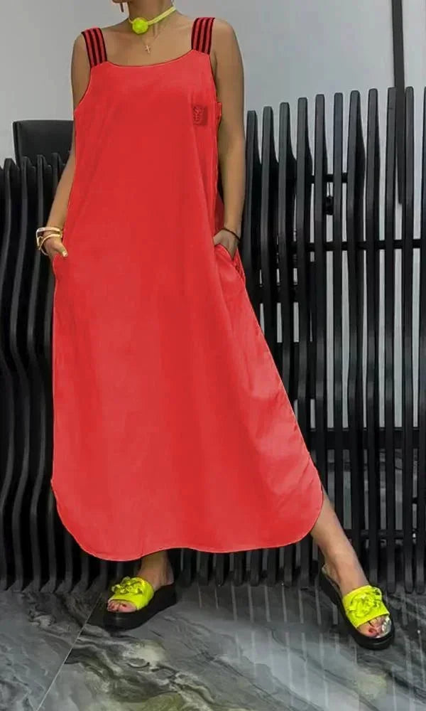 Vestito lungo donna con bretelle larghe e tasche