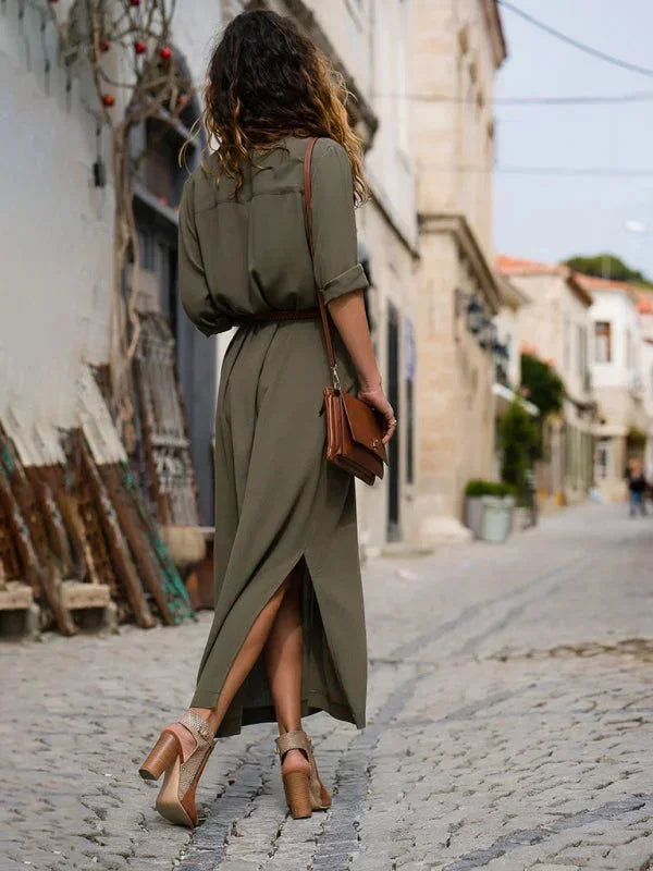 Vestito lungo donna con cintura, scollo a V e bottoni