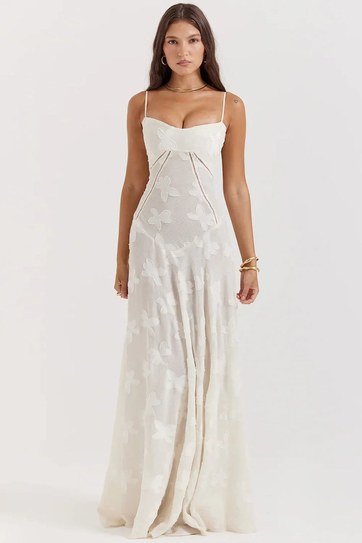 Vestito lungo donna con pizzo floreale e spalline sottili