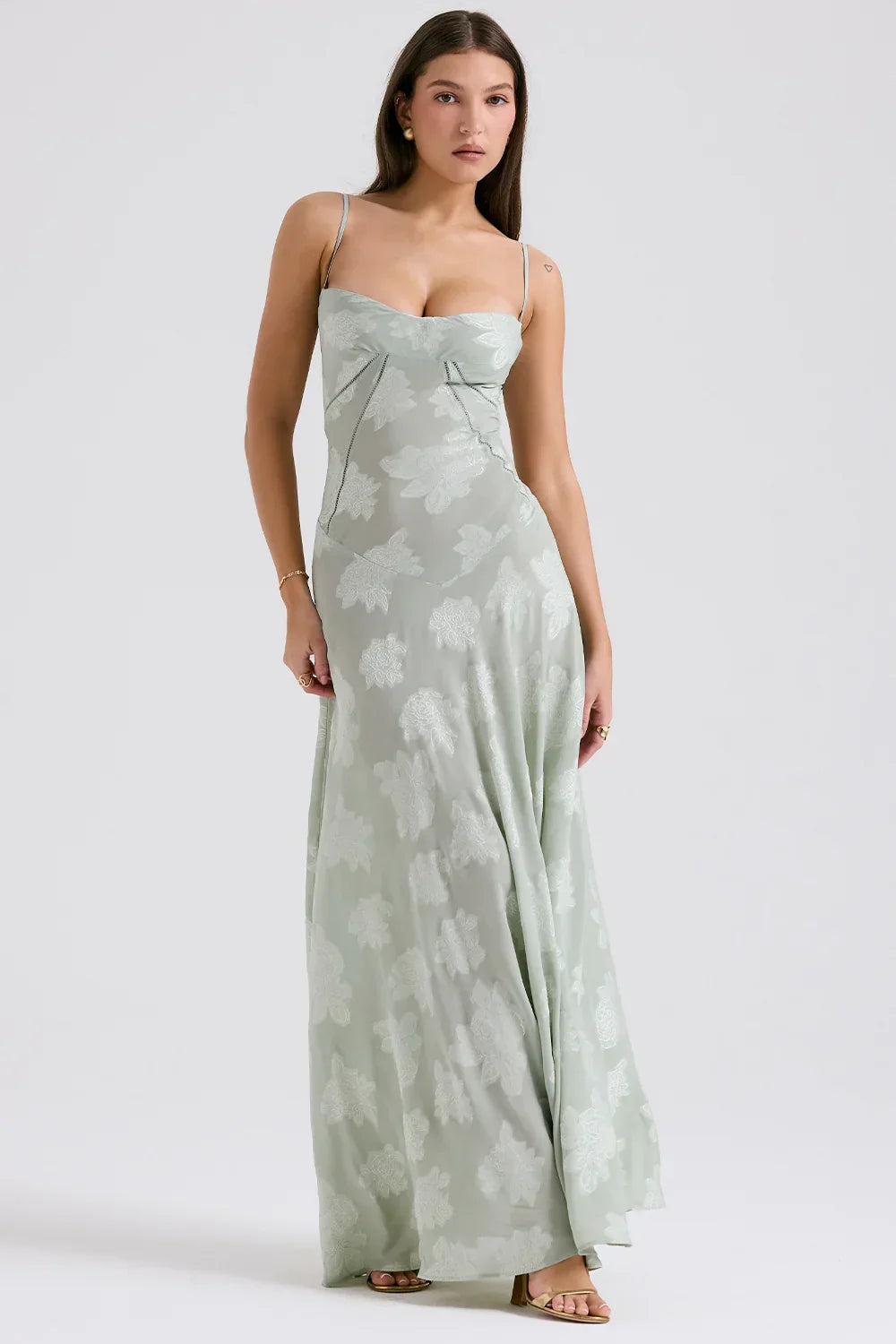 Vestito lungo donna con pizzo floreale e spalline sottili