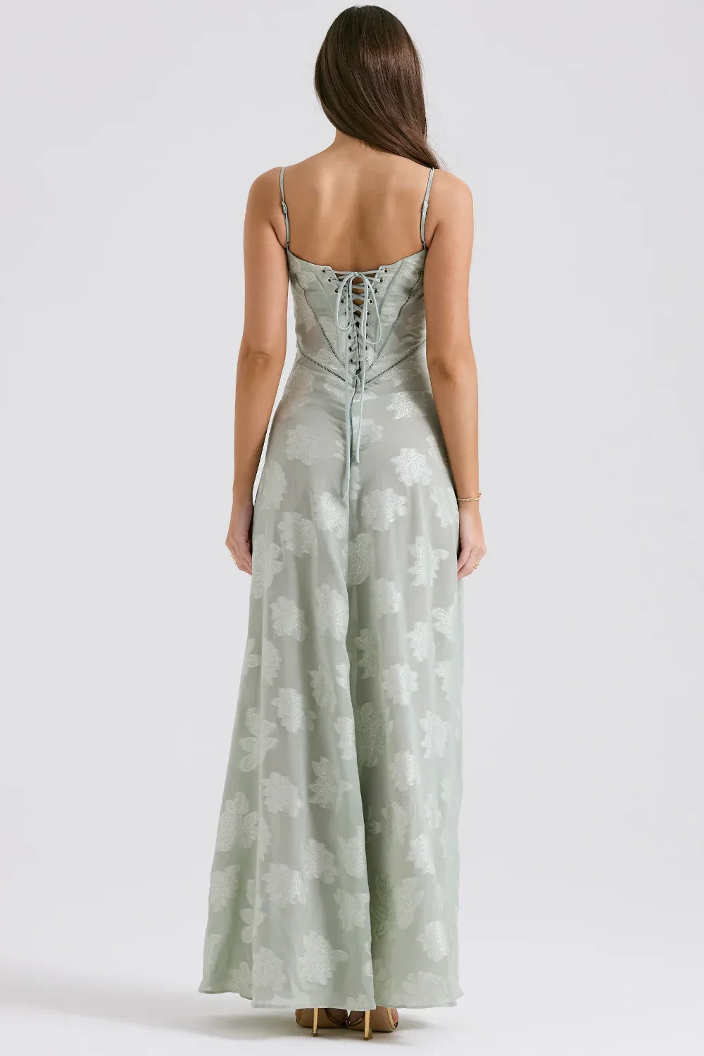 Vestito lungo donna con pizzo floreale e spalline sottili