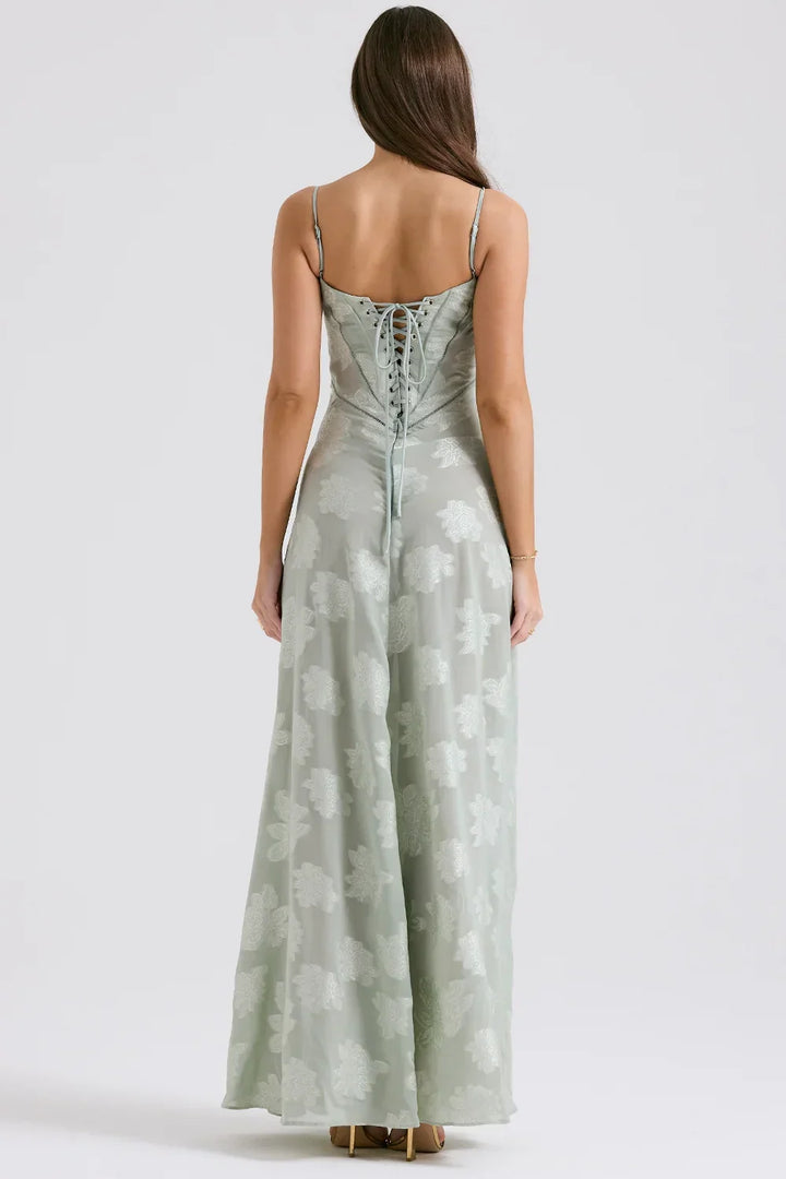 Vestito lungo donna con pizzo floreale e spalline sottili