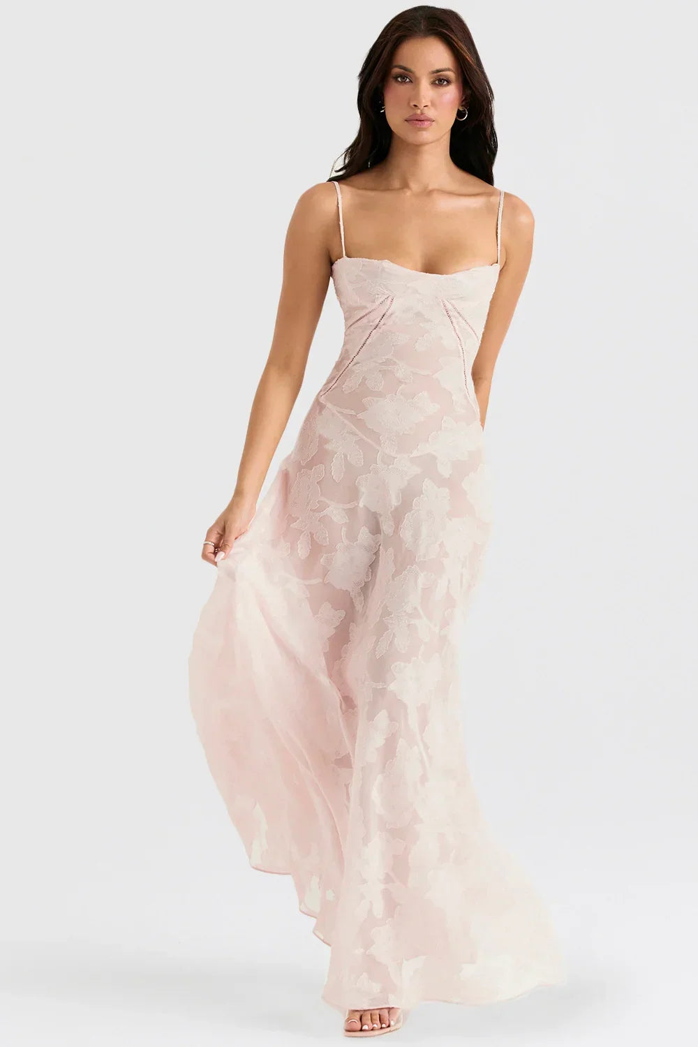 Vestito lungo donna con pizzo floreale e spalline sottili