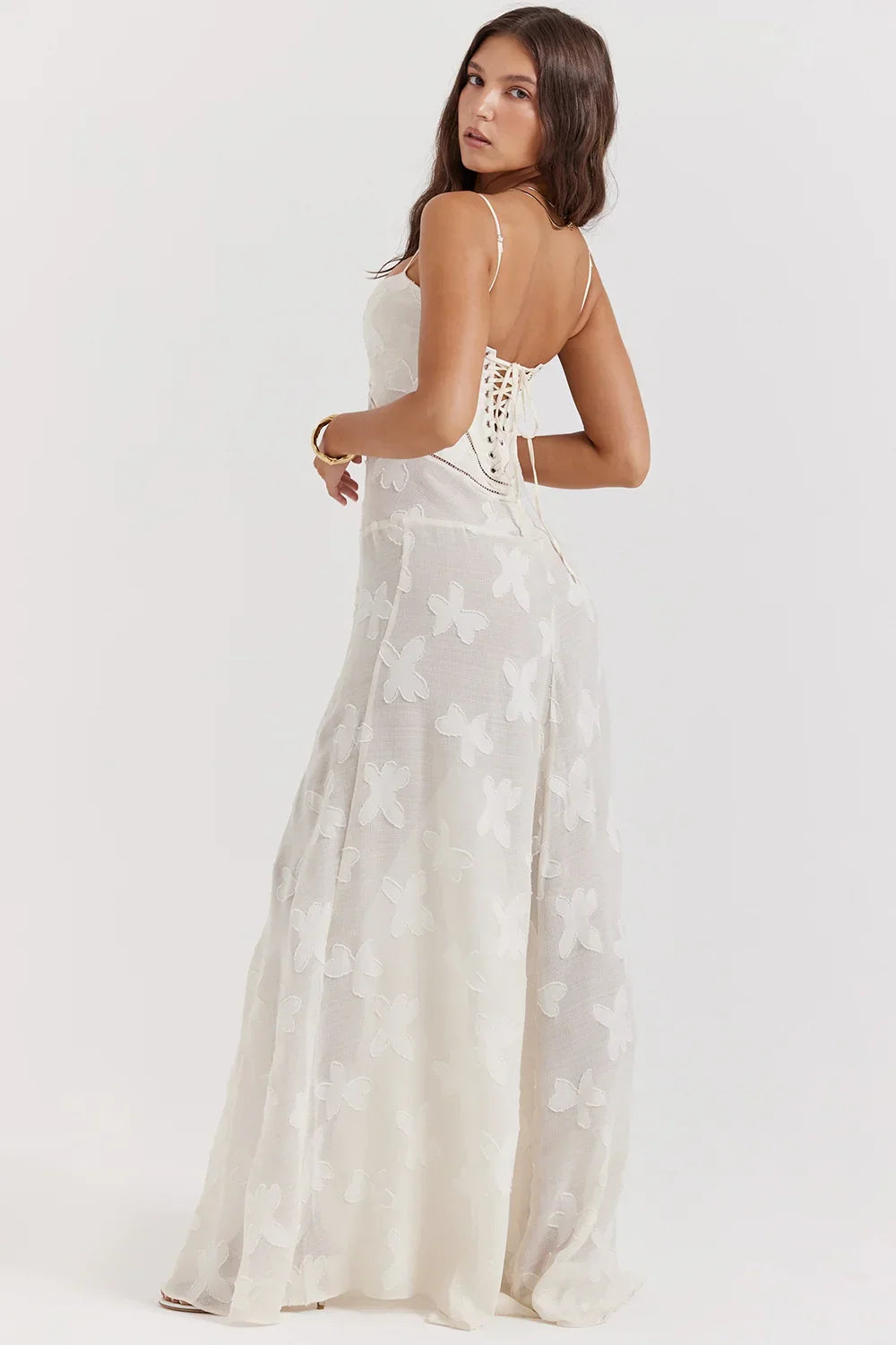 Vestito lungo donna con pizzo floreale e spalline sottili