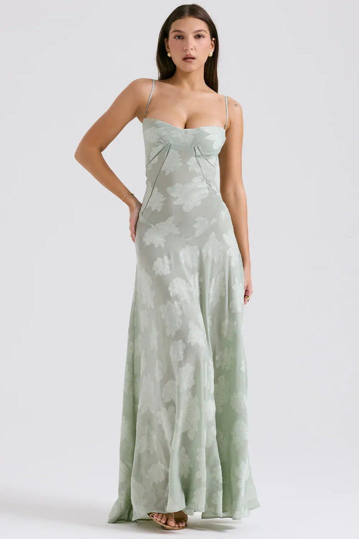 Vestito lungo donna con pizzo floreale e spalline sottili