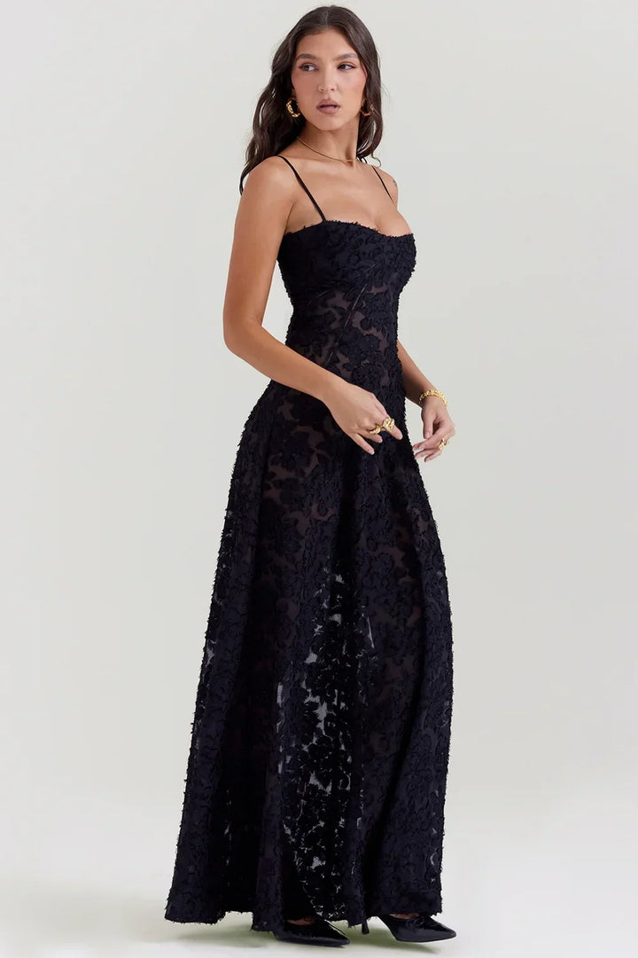 Vestito lungo donna con pizzo floreale e spalline sottili