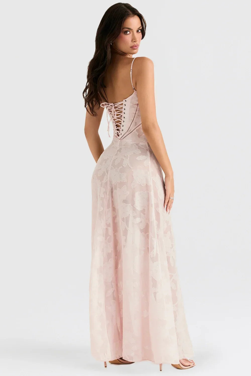 Vestito lungo donna con pizzo floreale e spalline sottili