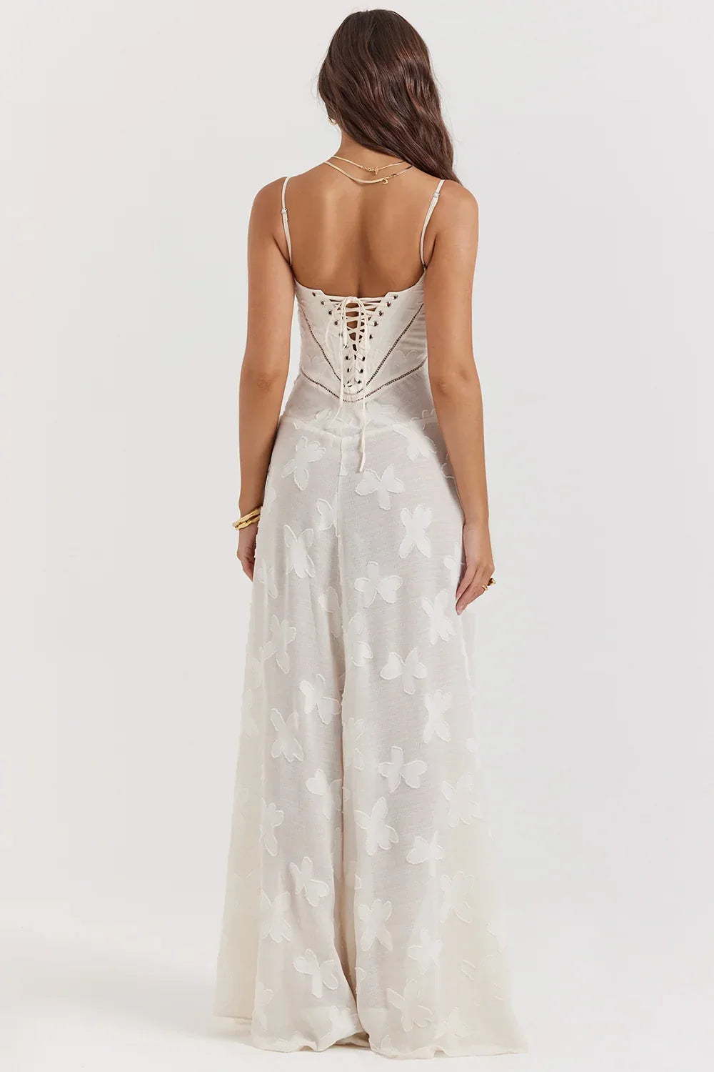 Vestito lungo donna con pizzo floreale e spalline sottili