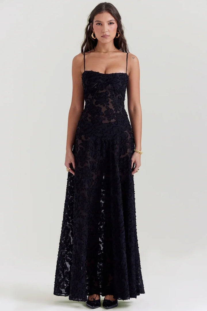 Vestito lungo donna con pizzo floreale e spalline sottili