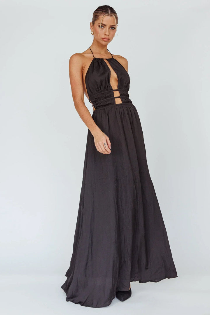 Vestito lungo donna con schiena nuda e dettagli découpe
