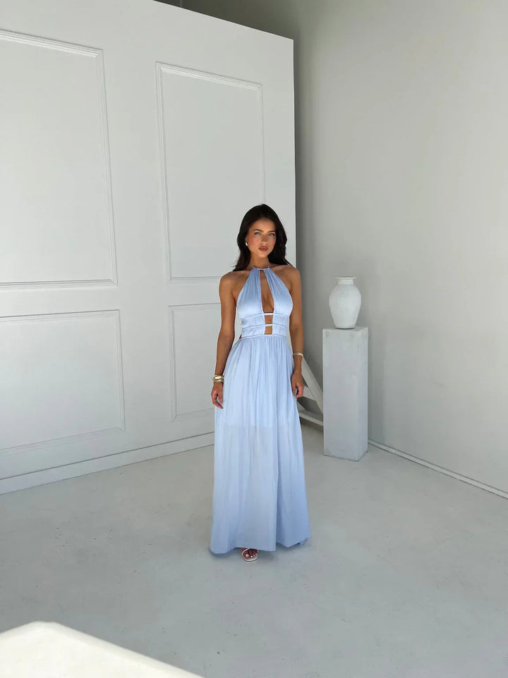 Vestito lungo donna con schiena nuda e dettagli découpe
