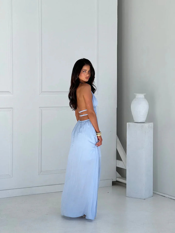 Vestito lungo donna con schiena nuda e dettagli découpe