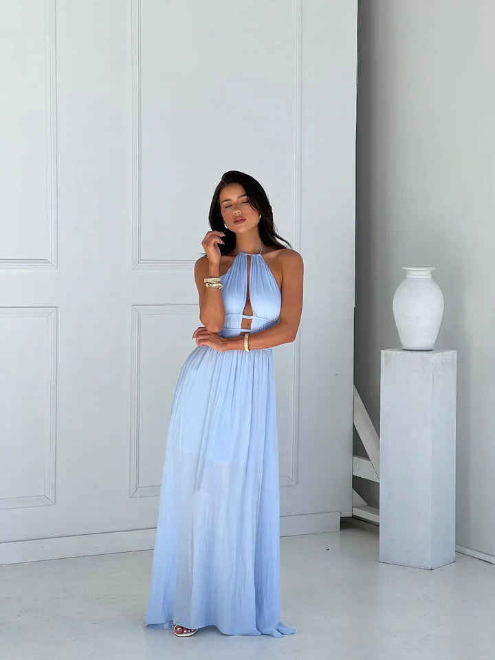 Vestito lungo donna con schiena nuda e dettagli découpe