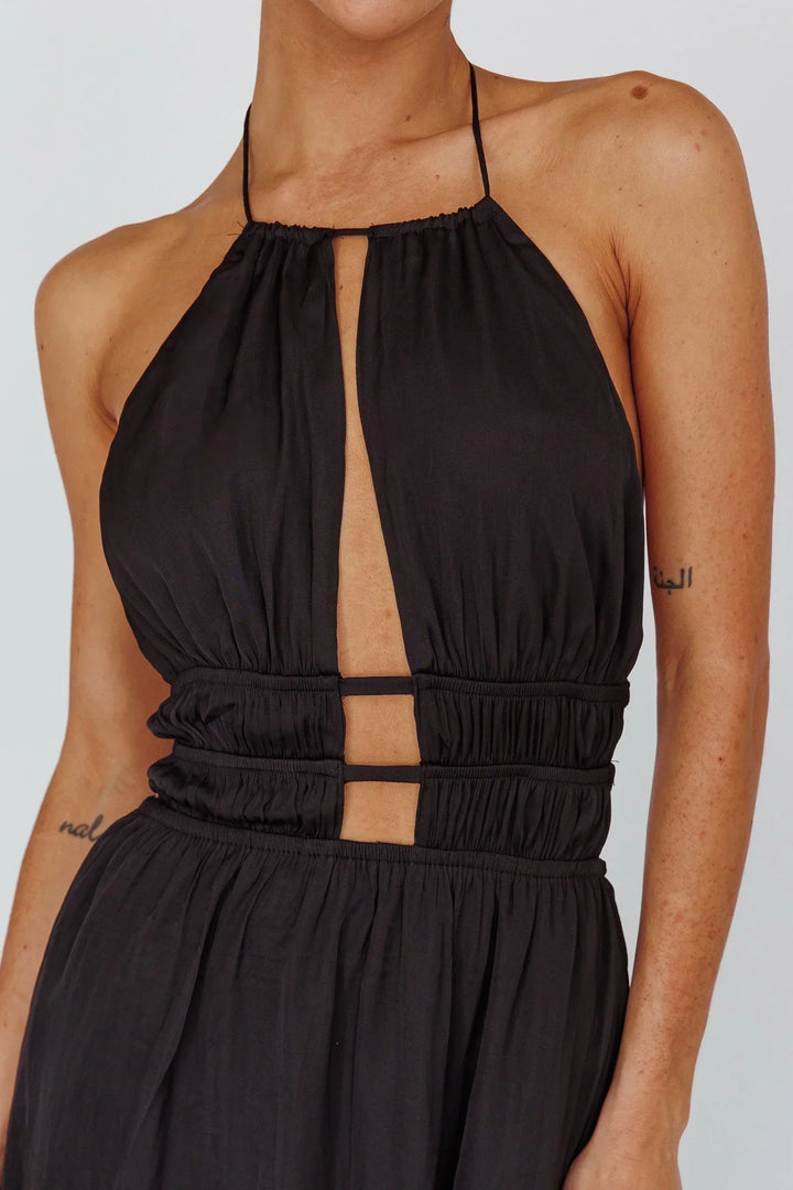 Vestito lungo donna con schiena nuda e dettagli découpe