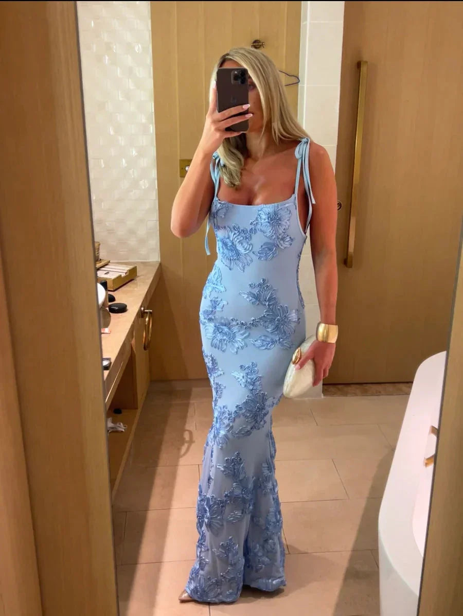 Vestito lungo donna con motivi floreali e spalline sottili