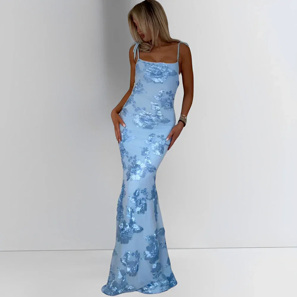 Vestito lungo donna con motivi floreali e spalline sottili