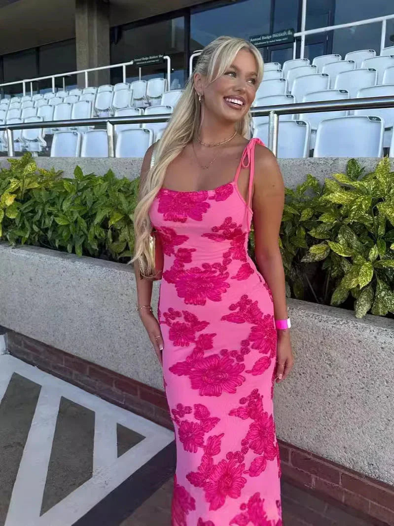Vestito lungo donna con motivi floreali e spalline sottili