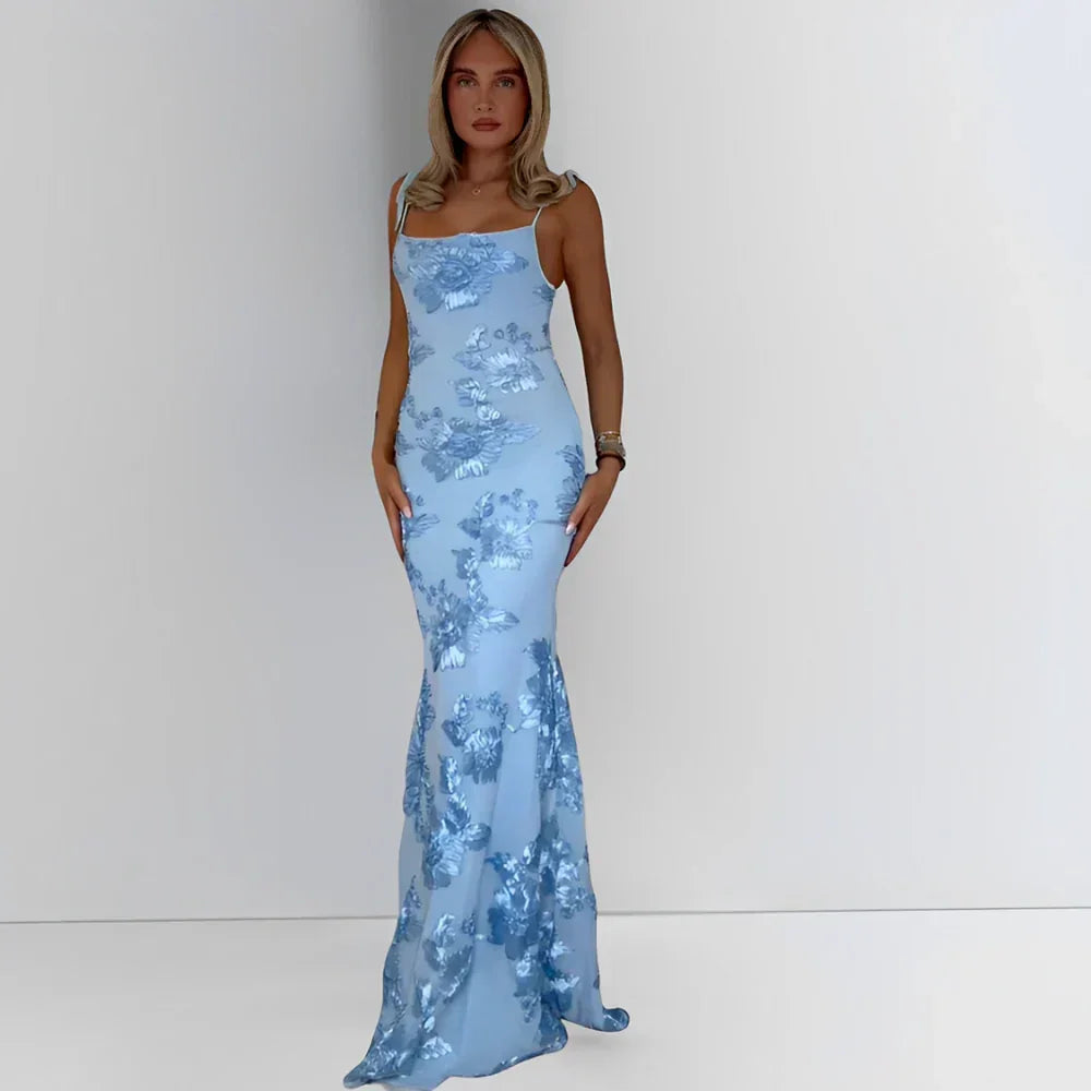 Vestito lungo donna con motivi floreali e spalline sottili