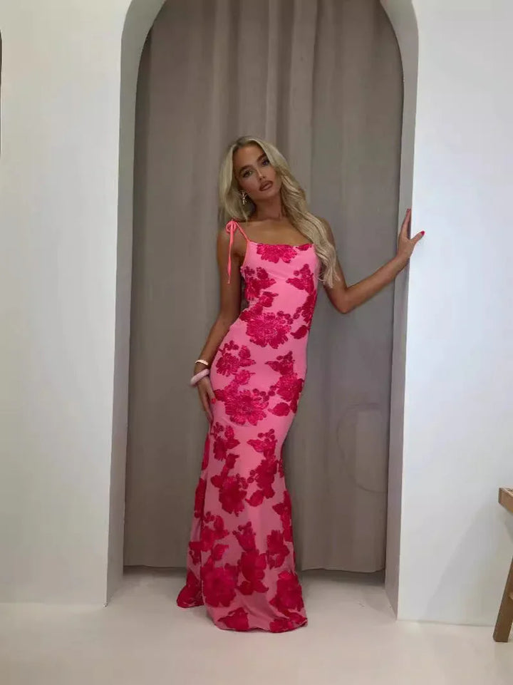 Vestito lungo donna con motivi floreali e spalline sottili