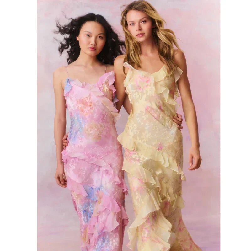 Vestito lungo donna con volant asimmetrici e spalline sottili
