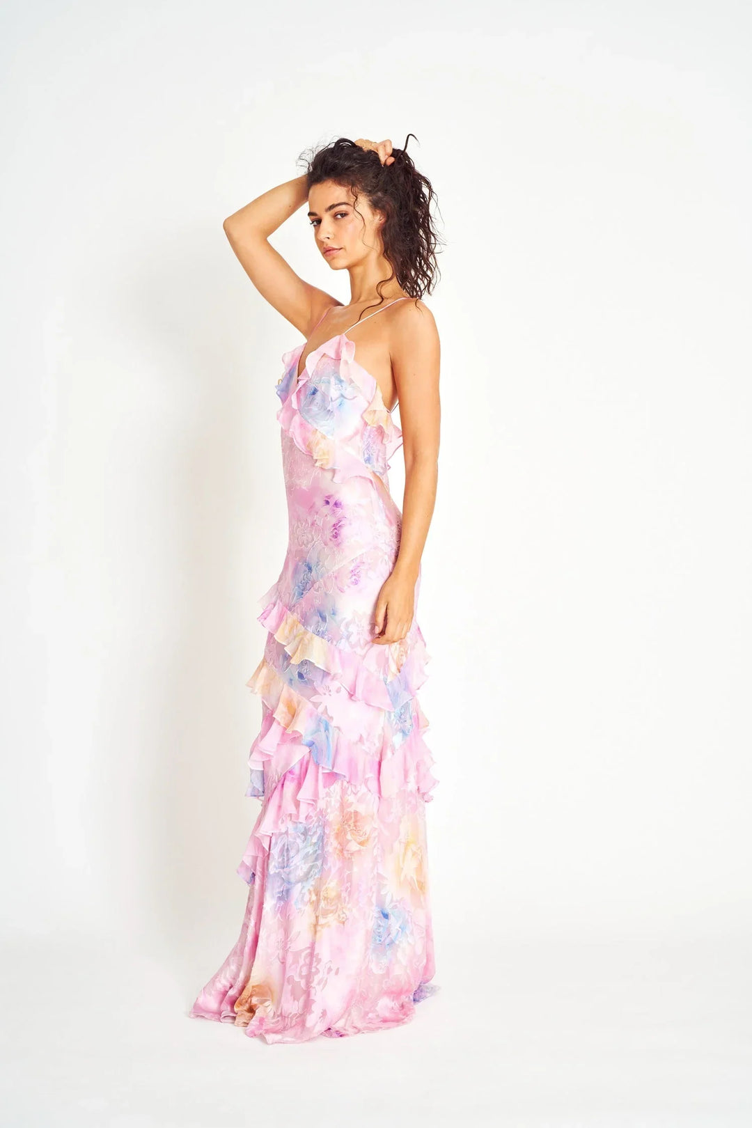 Vestito lungo donna con volant asimmetrici e spalline sottili