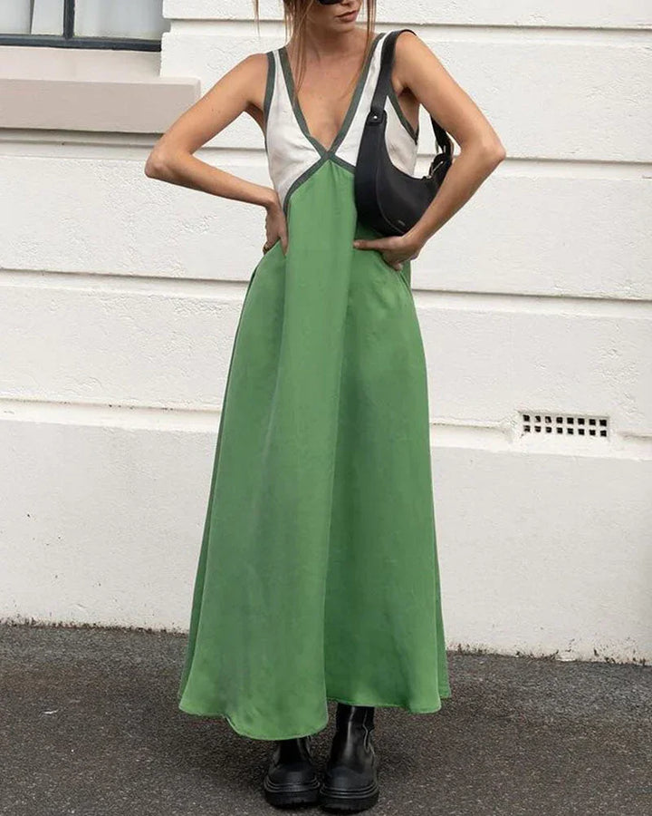 Vestito lungo donna bicolore con scollo a V senza maniche