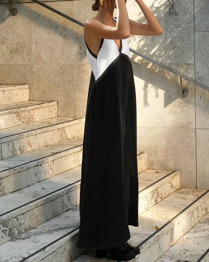 Vestito lungo donna bicolore con scollo a V senza maniche