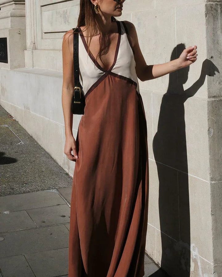 Vestito lungo donna bicolore con scollo a V senza maniche