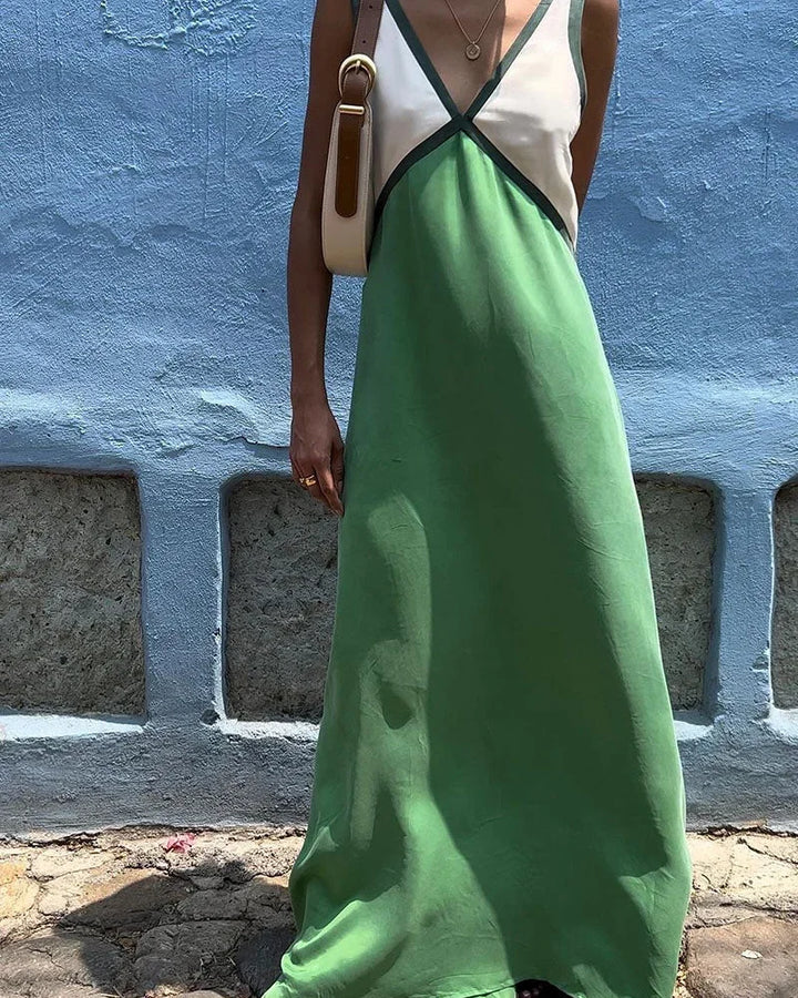 Vestito lungo donna bicolore con scollo a V senza maniche
