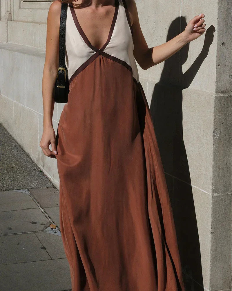 Vestito lungo donna bicolore con scollo a V senza maniche
