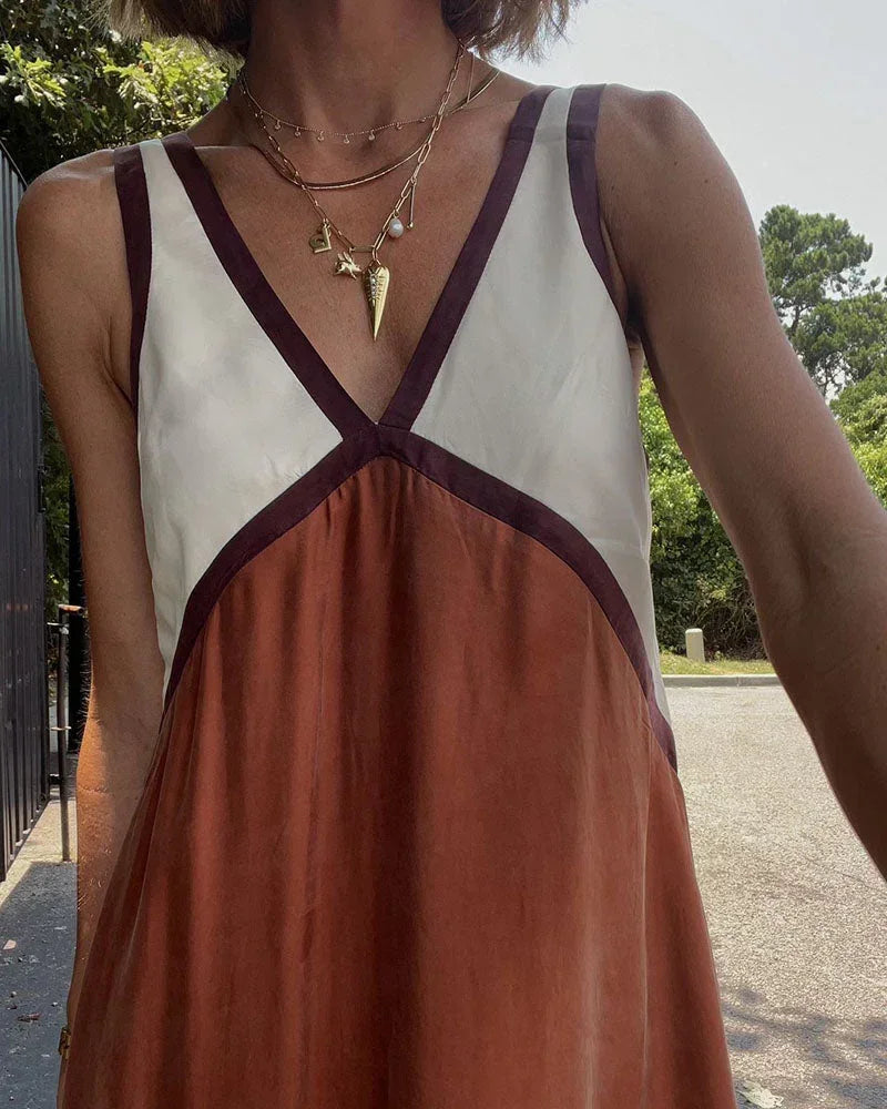 Vestito lungo donna bicolore con scollo a V senza maniche