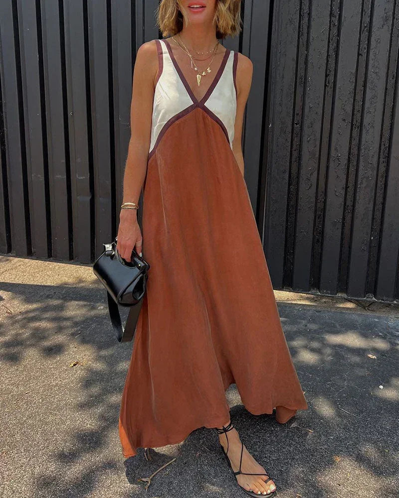 Vestito lungo donna bicolore con scollo a V senza maniche