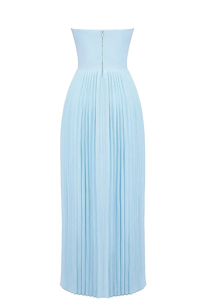 Vestito lungo donna azzurro plissettato a bustier
