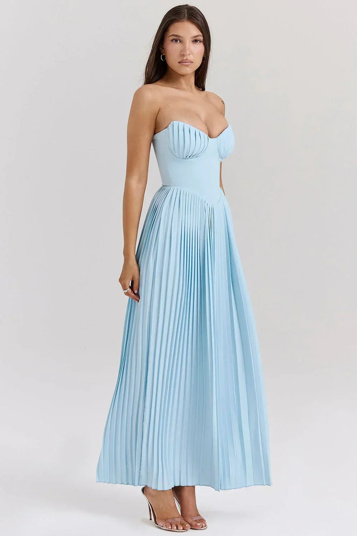 Vestito lungo donna azzurro plissettato a bustier