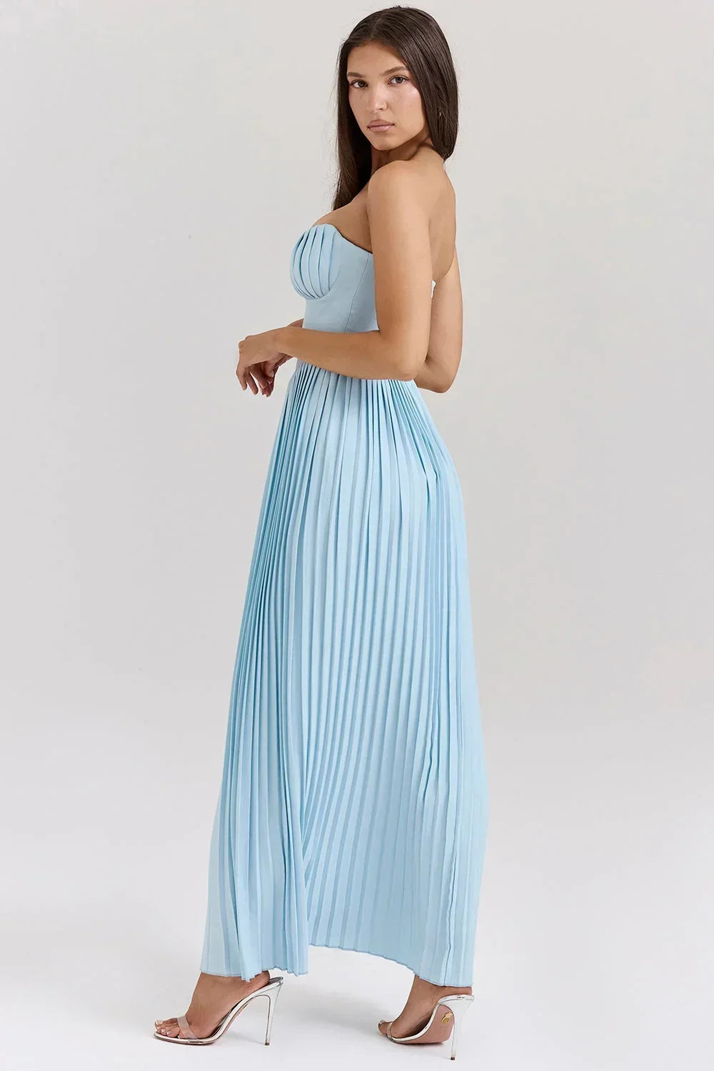 Vestito lungo donna azzurro plissettato a bustier