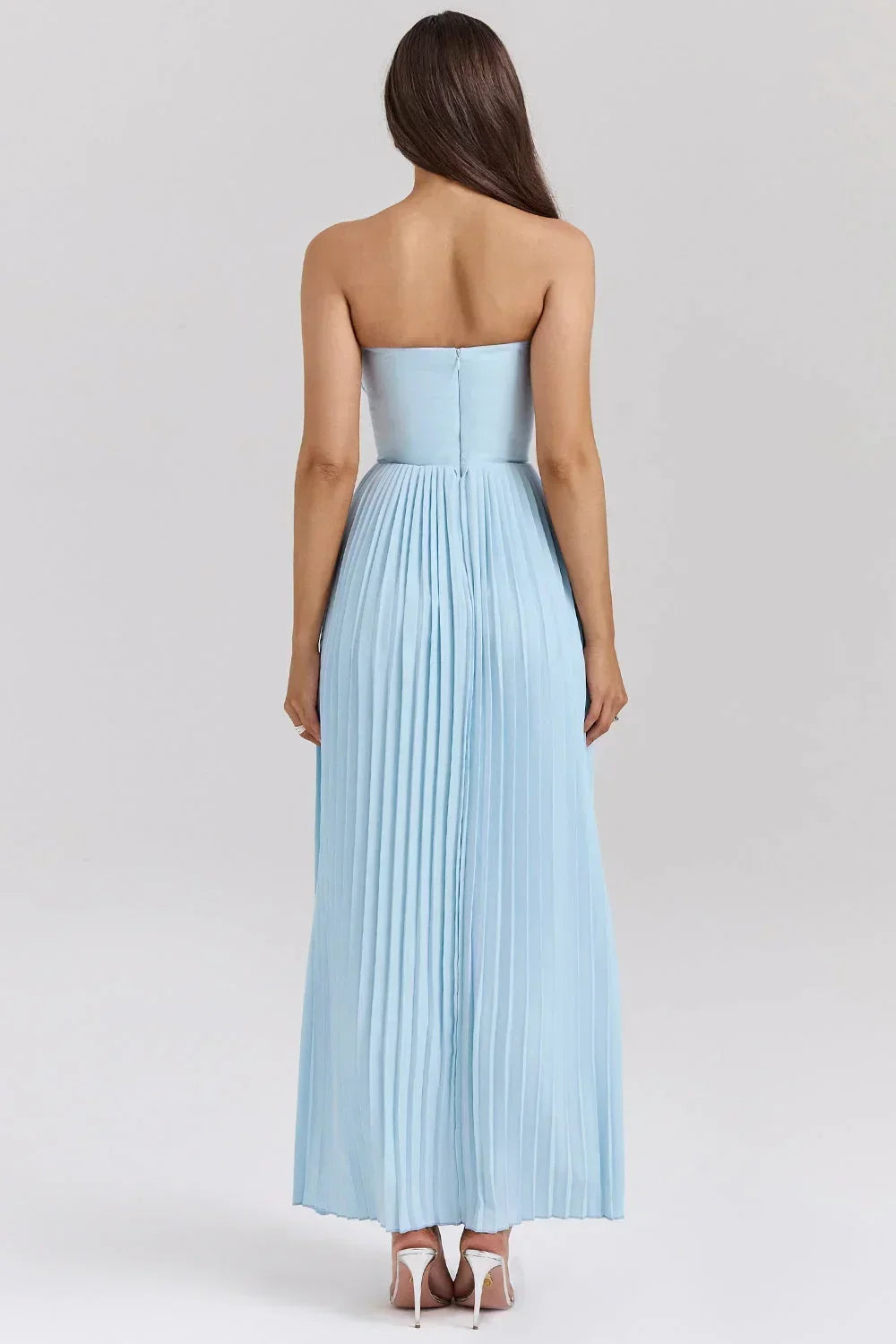 Vestito lungo donna azzurro plissettato a bustier