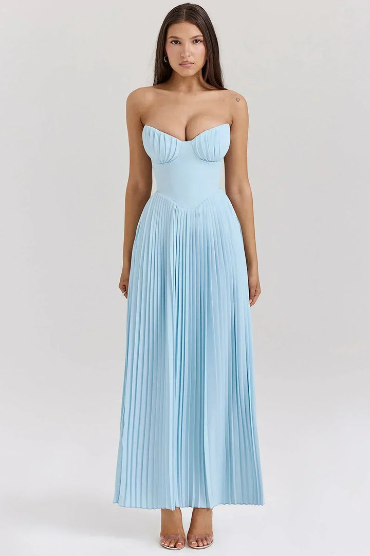 Vestito lungo donna azzurro plissettato a bustier
