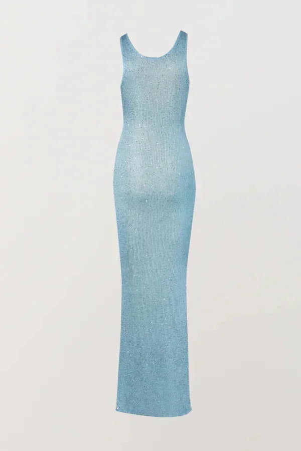 Vestito lungo donna blu ghiaccio senza maniche aderente